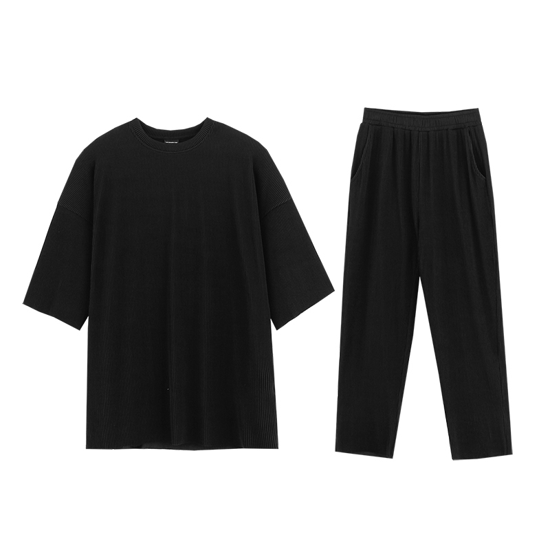 IEFB Causal Men's Home Sports Two Piece Suit Pleated Pants + Short Sleeve T-shirt Korean Fashion Loose Summer Set Y7587 210524