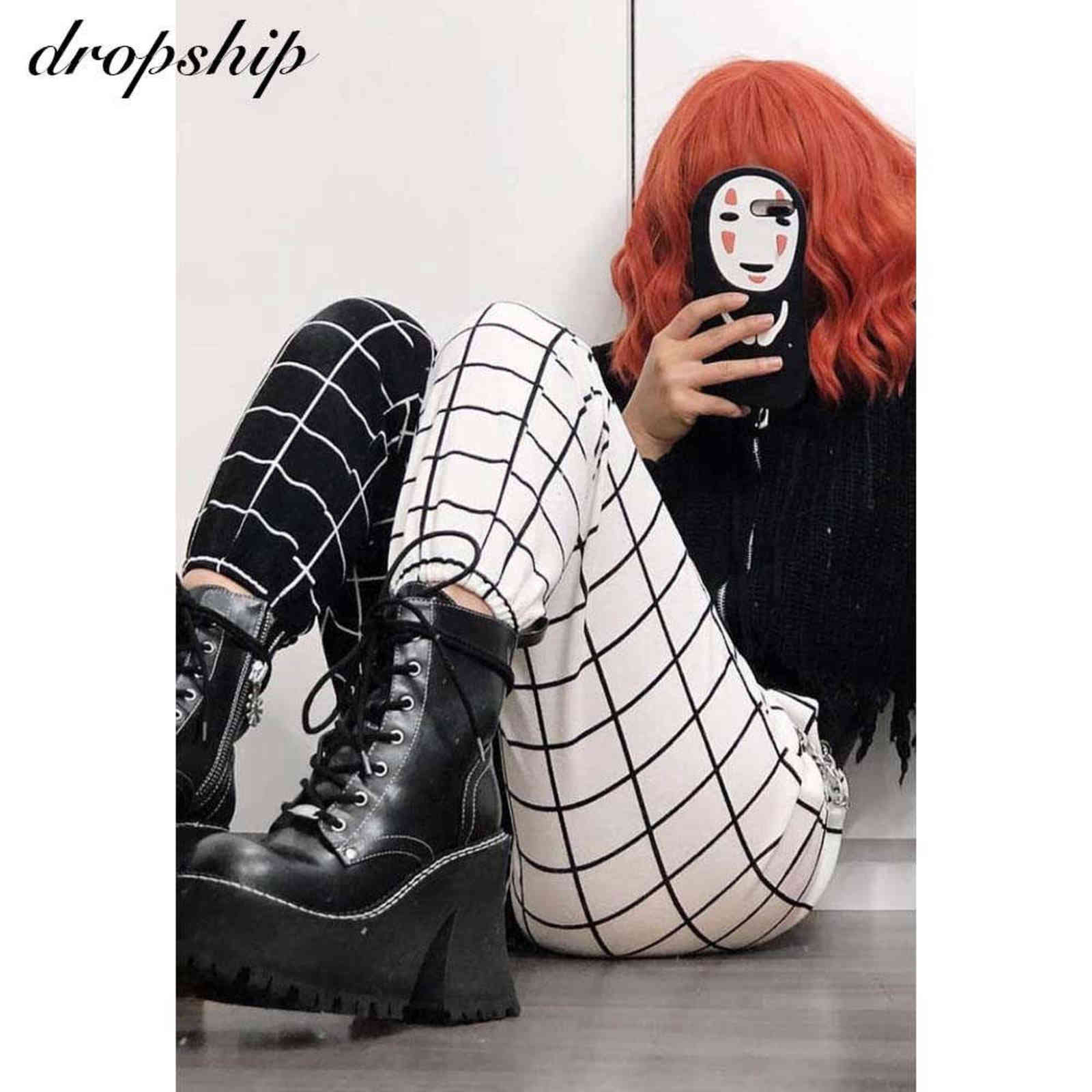 Spring Women's Elastic High Waist Black And White Checker Contrast Color Cargo Pants Women Streetwear Long Plaid 211115