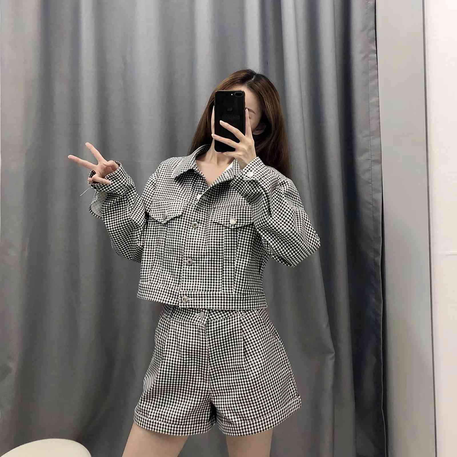 Women Houndstooth Demin Cropped Jacket Single Breasted Casual Outwear Coat Chic Female Streetwear 210521