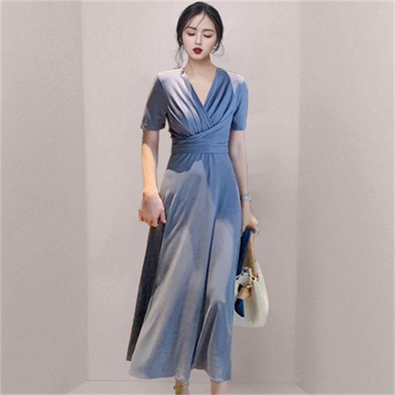 Fashion Elegant Dress Women Solid Color V Neck Short Sleeve Plated Swing Party Banquet 210520