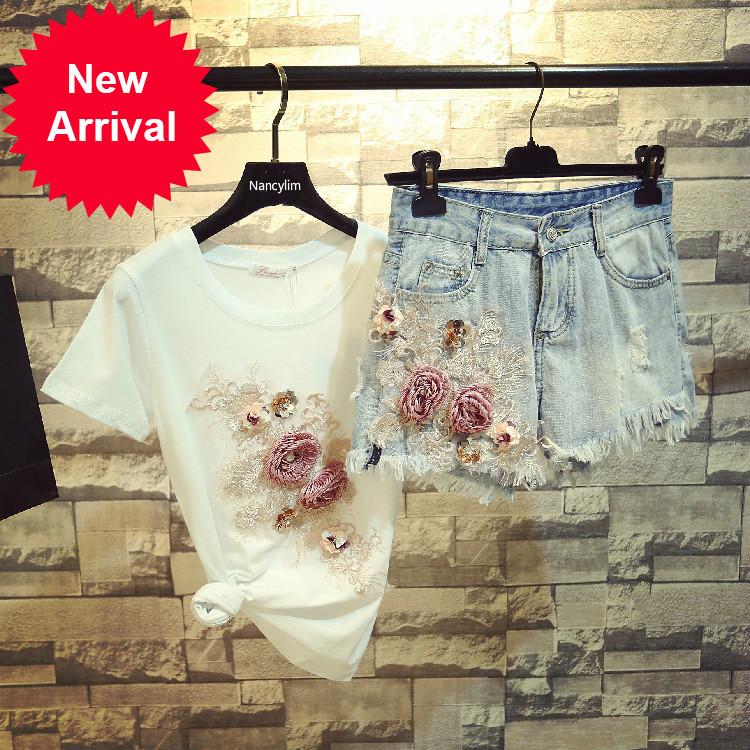 Women' Tracksuits 2021 Summer Women Flower Diamond Cotton Shirt Tshirt + Wide-legged Jean Shorts Girl Ladies High Waist Hole Denim Set, White tee
Women' Tracksuits 2021 Summer Women Flower Diamond Cotton Shirt Tshirt + Wide-legged Jean Shorts Girl Ladies High Waist Hole Denim Set, White tee