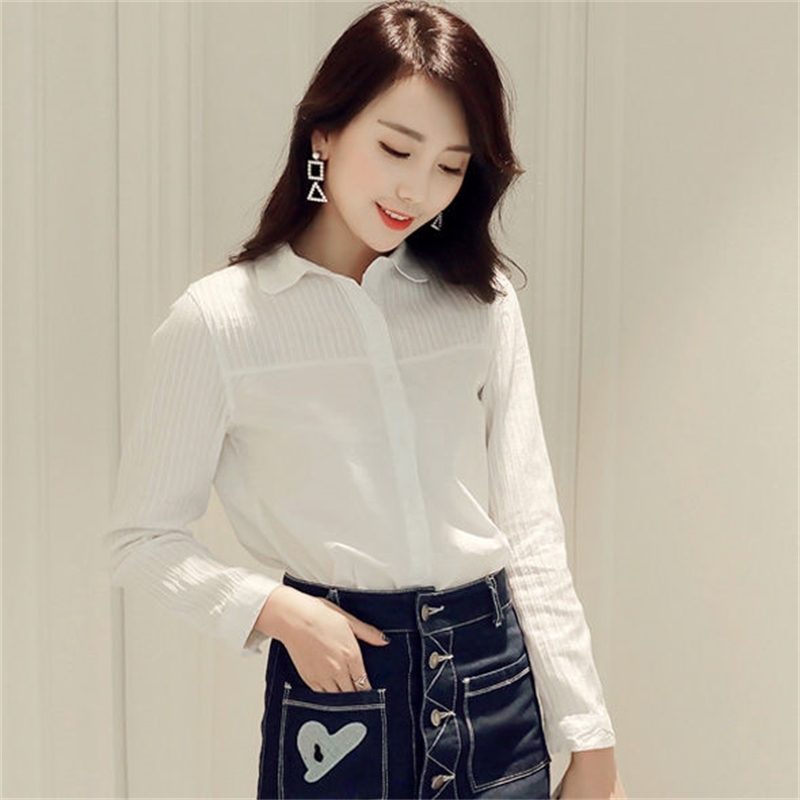 Spring Autumn Korea Fashion Women Shirts Long Sleeve Patchwork Striped White Shirt 100% Cotton Female Casual Blouses D195 210512