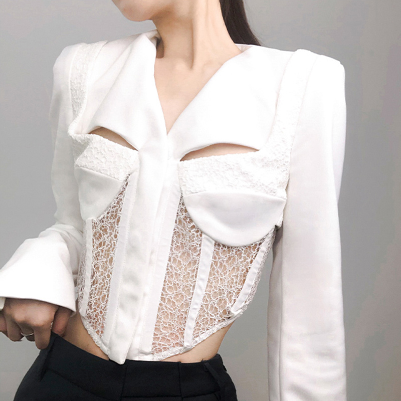 White Korean Short Slim Blazer For Women V Neck Long Sleeve Patchwork Lace Blazers Female Spring Fashion Style 210524