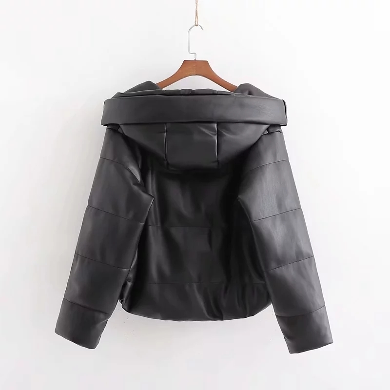 Vintage Hooded Faux Leather Parkas women PU Coats Korean warm thick parkas mujer plus size winter jacket 210521