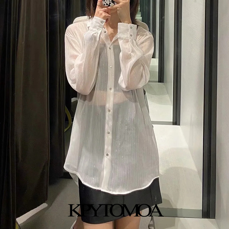 Women Fashion Semi-Sheer Metallic Thread Striped Blouses Long Sleeve Button-up Female Shirts Chic Tops 210420