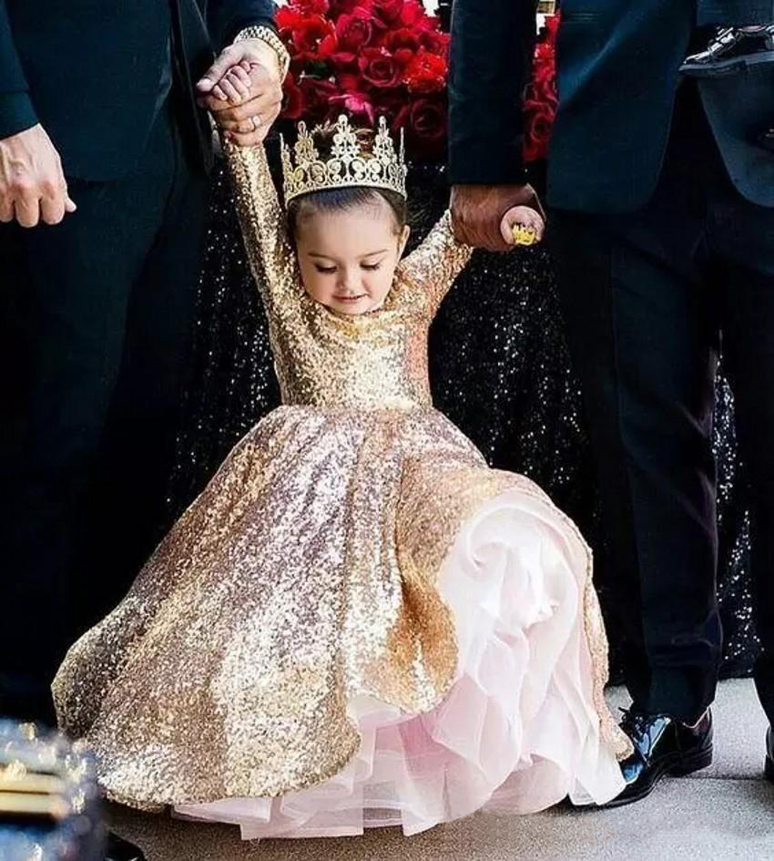 Gold Sequin Toddler Ball Gowns Girls Pageant Jewel Long Sleeves Formal Kids Party Gown Flower Girl Dresses for Weddings 0509