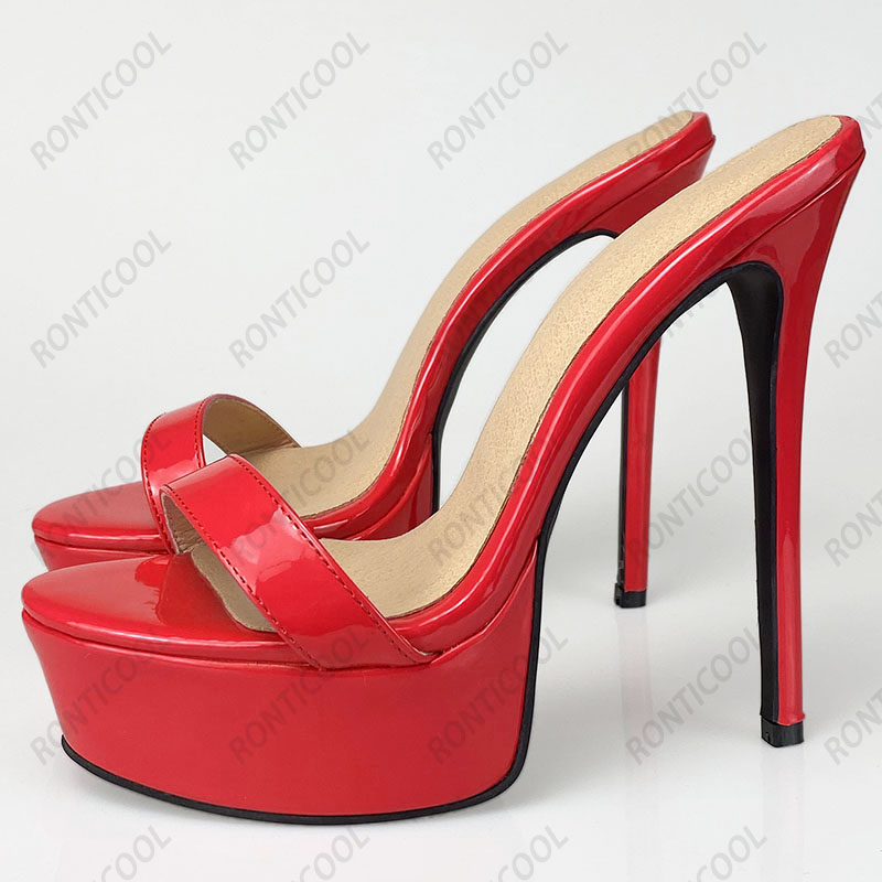 Rontic Handmade Women Platform Mules Sandals Patent Stiletto High Heels Open Toe Pretty Fuchsia Red White Shoes US Size 5-20