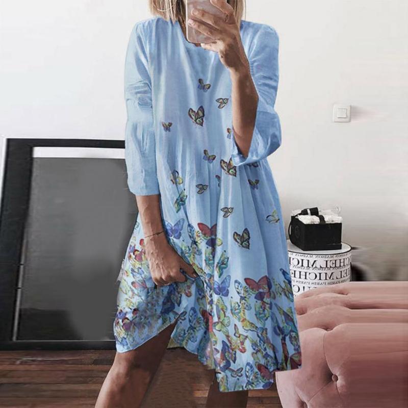 

Casual Dresses Autrumn O-Neck 3/4 Sleeve Midi Dress Retro Women Butterflies Print Big Hem Party Ladies Clothing 2021, Pink