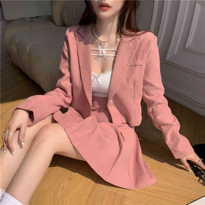 Spring Women Skirt Suits Elegant Pink Single Button Ladies Blazer Jacket & High Waist Mini Pleated Skirts Suit 210519