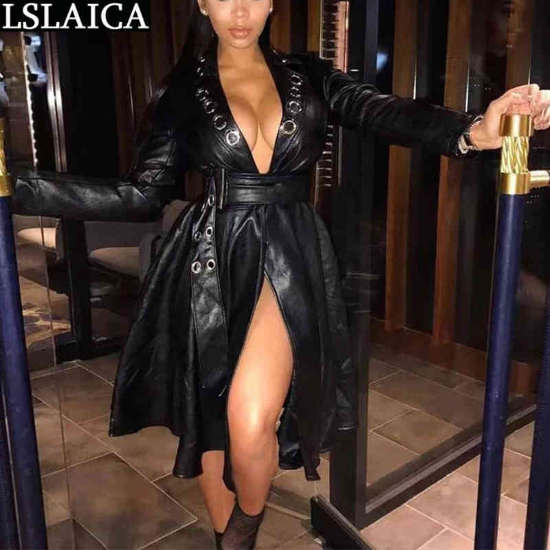 Fashion Long Leather Trench Coat for Women Plus Size Outerwear Autumn Winter Sexy Sleeve Belt Lapel Black Coats Streetwear 210515