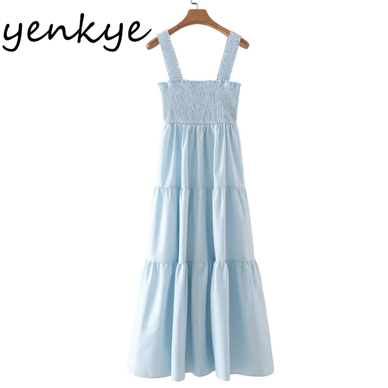 Blue Cotton Summer Dress Women Elastic Square Neck Sleeveless Vestido Elegant Lady Holiday Casual Party Dresses 210430