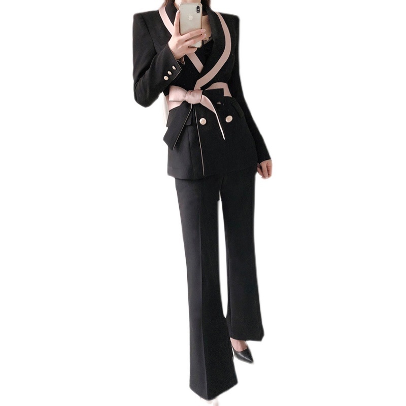 Spring Pants Suit Lace-up Breasted Jacket And Long Business 2 Pieces Korean Slim Work Wear Blazer Set 210506