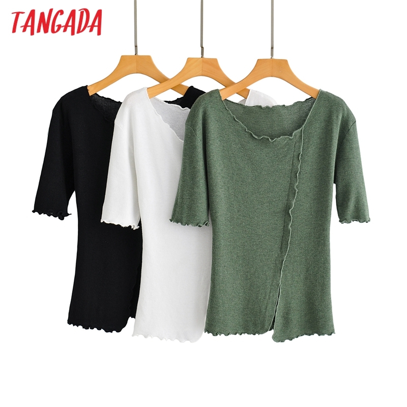 Korea Chic Women Ruffles Summer Sweater Short Sleeve Ladies Knitted Jumper Tops AI09 210416