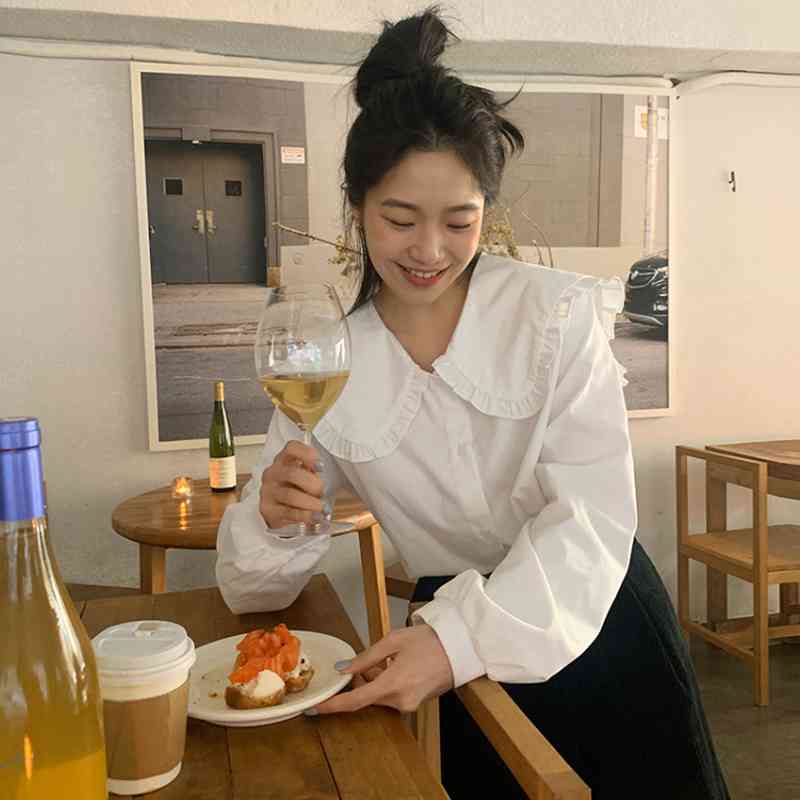 Sweet Ruffled Plus Size White Peter Pan Collar Blouse Women Puff Long Sleeve Loose Chic Office Lady Tops Blusas Mujer Wild 210429