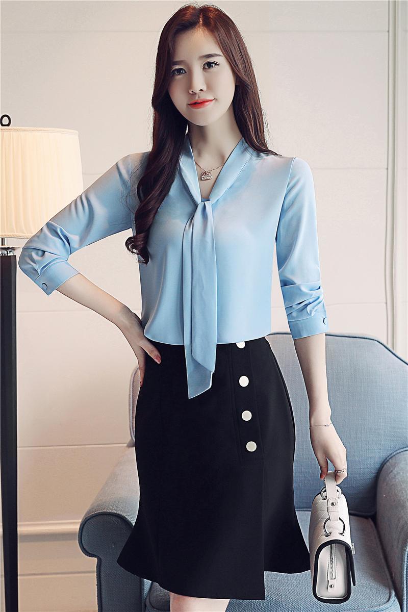 arrived women blouse autumn wear long sleeves bow tie Ribbon chiffon Korean style top slim blusa 1022 40 210506