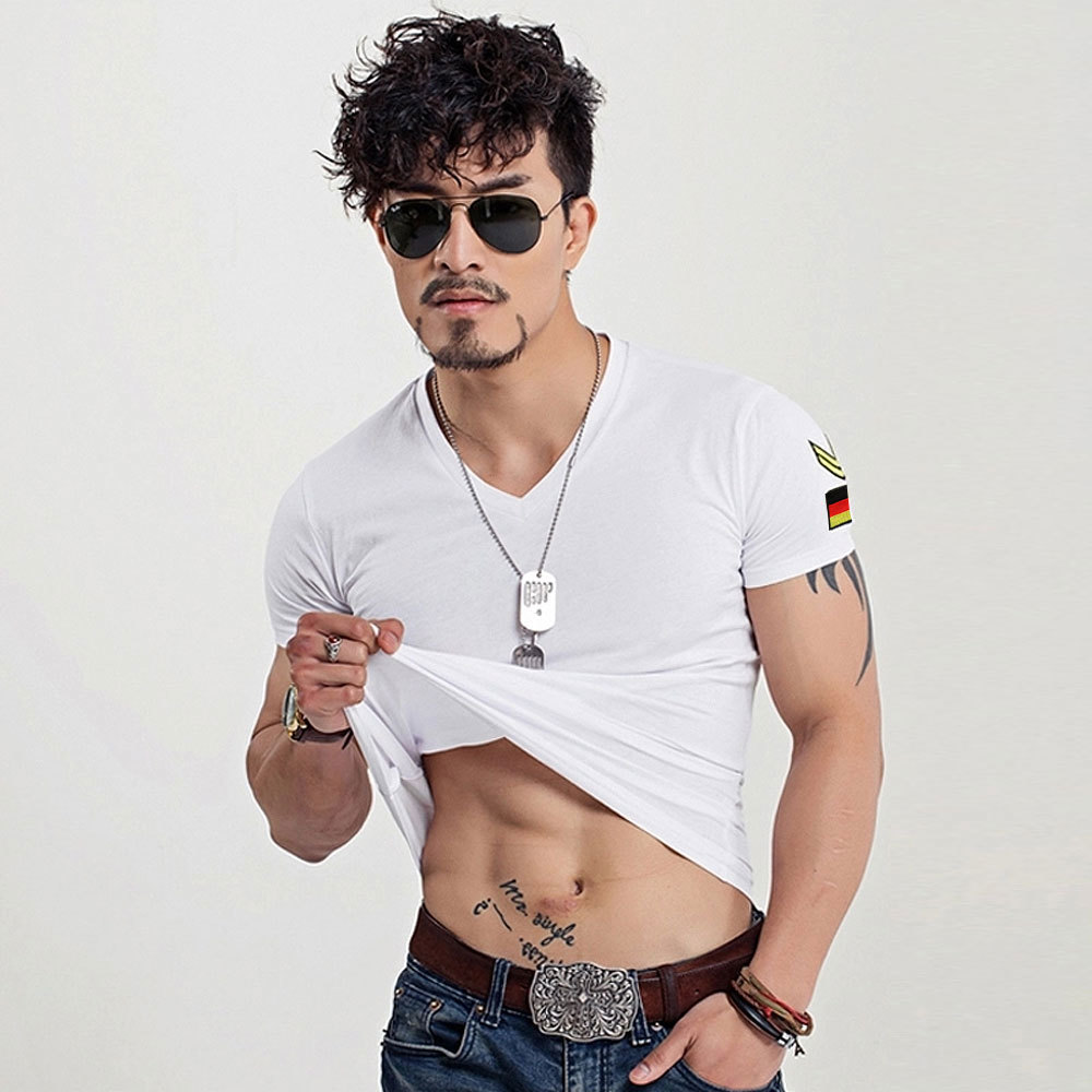Man Military T Shirt Fit Short Sleeved T-shirts Fashion Casual Cotton Tee Shirt Men's V-neck Slim for Men Plus Size to 5XL 210329