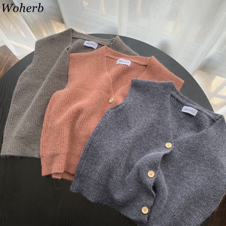 Spring Autumn Vintage Sleeveless V-neck Knitted Vest Sweater Women Solid Pullovers Ladies Casual Tank Top 210519
