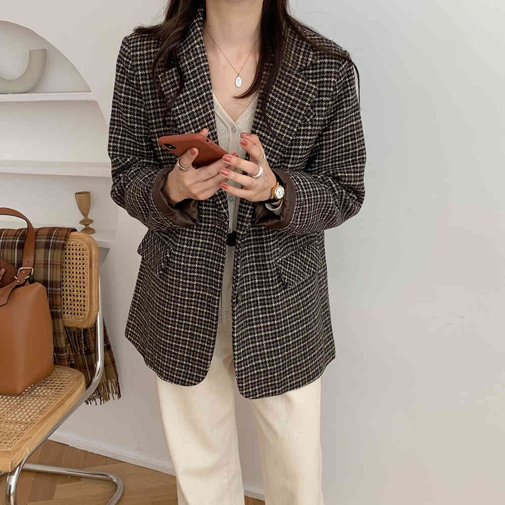 OL Notched Vintage Plaid Woolen Blazer Jacket Minimalist Autumn Winter Classic Formal Women Blazers Warm Suit Coat 210421