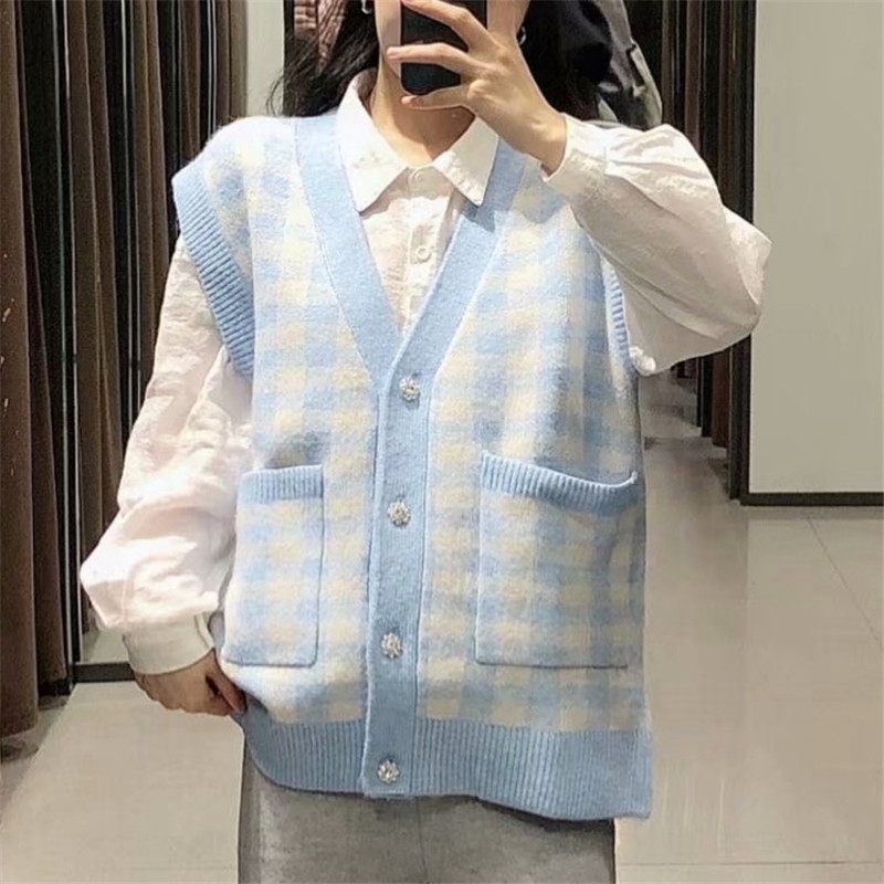 Streetwear Women Blue Plaid Sweater Vest Fashion Ladies V-Neck Knitted Tops Causal Female Chic Pocket Loose Cardigan 210527