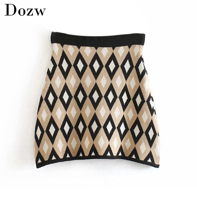 Elegant Geometric Print Women Sweater Skirt Casual Ladies Mini Vintage Female Short Office Suit Saia Mujer 210515