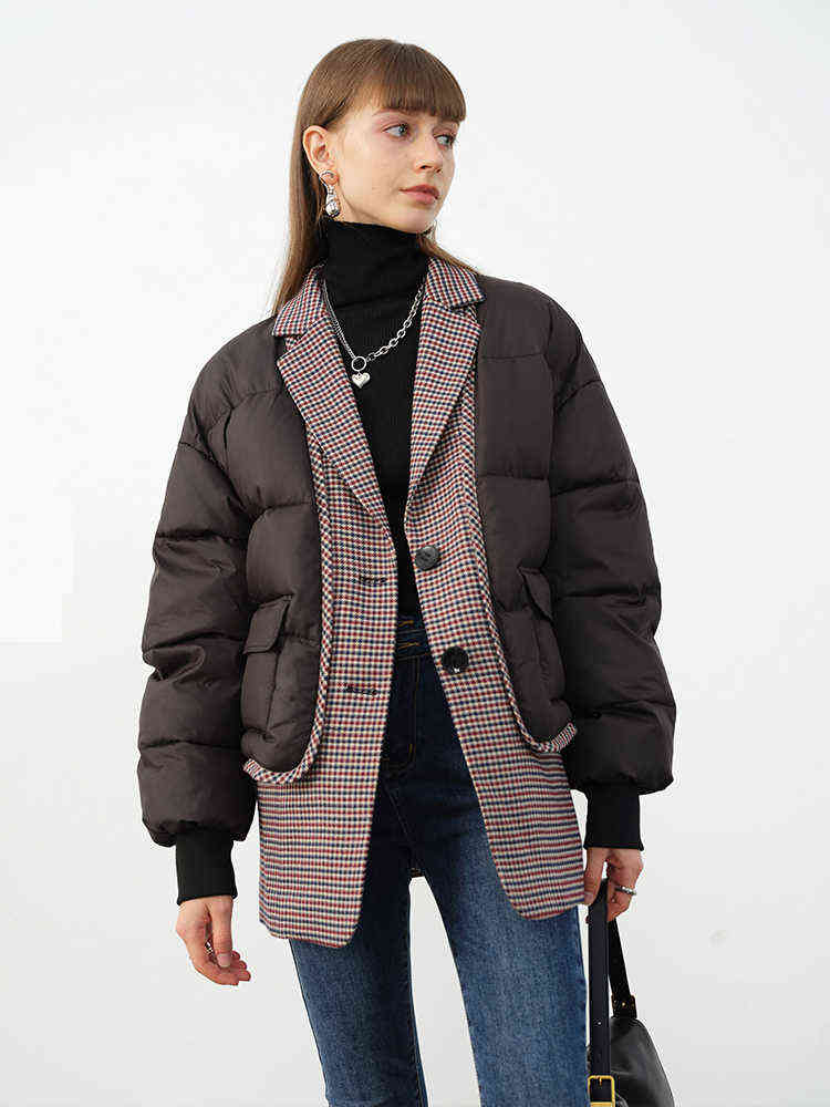 Women's jacket oversize outwear Plaid Stitching black Lapel Long Sleeve Loose Fit Jacket Fashion Autumn winter 211130