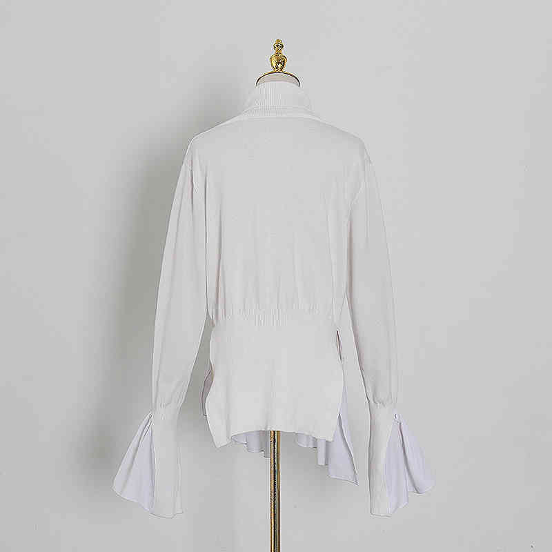 VGH Splicing Pleated Sweater For Women Turtleneck Flare Sleeve Casual Knitting Pullovers Female Fashion New Clothing Autumn 210421