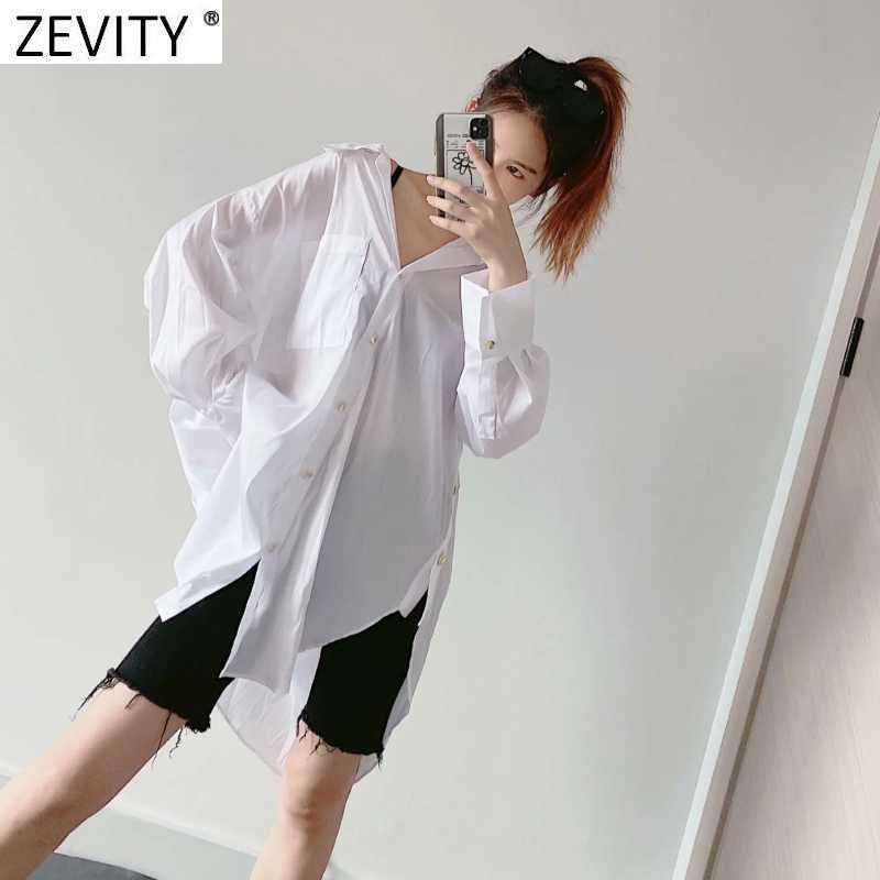 Zevity Women Fashion Solid Color Casual Loose Long Shirt Ladies Golden Buttons Smock Blouses Chic Oversized Chemise Tops LS7365 210603