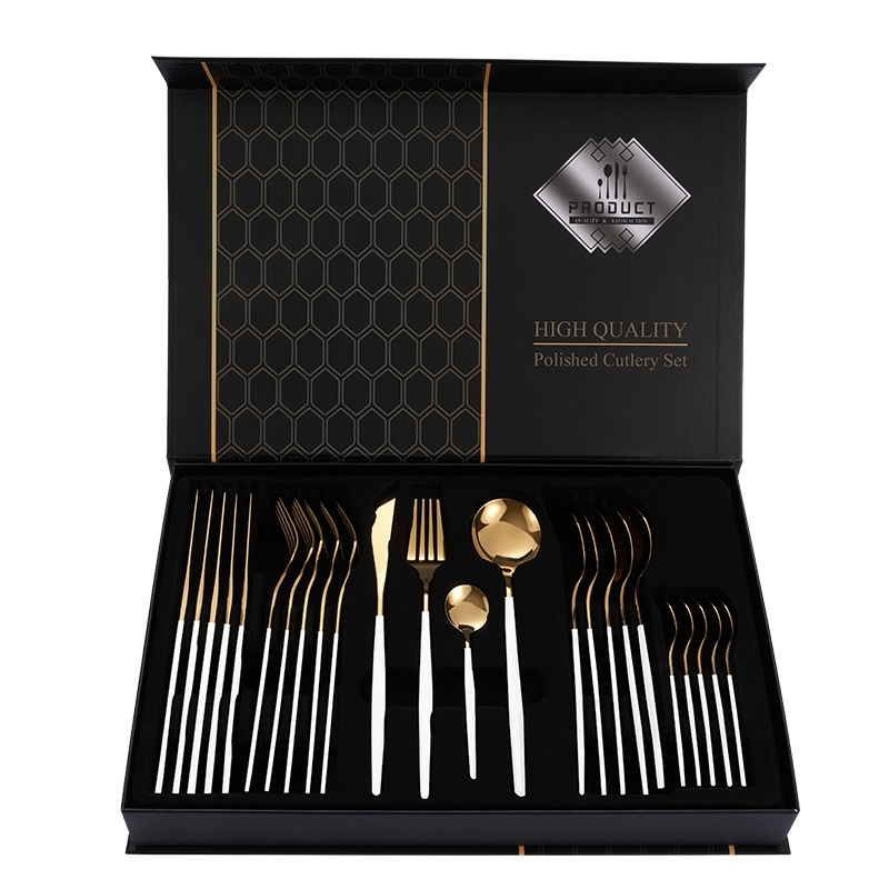 Stainless steel tableware 24 pieces, knife, fork, spoon set of gilded spray paint gift box