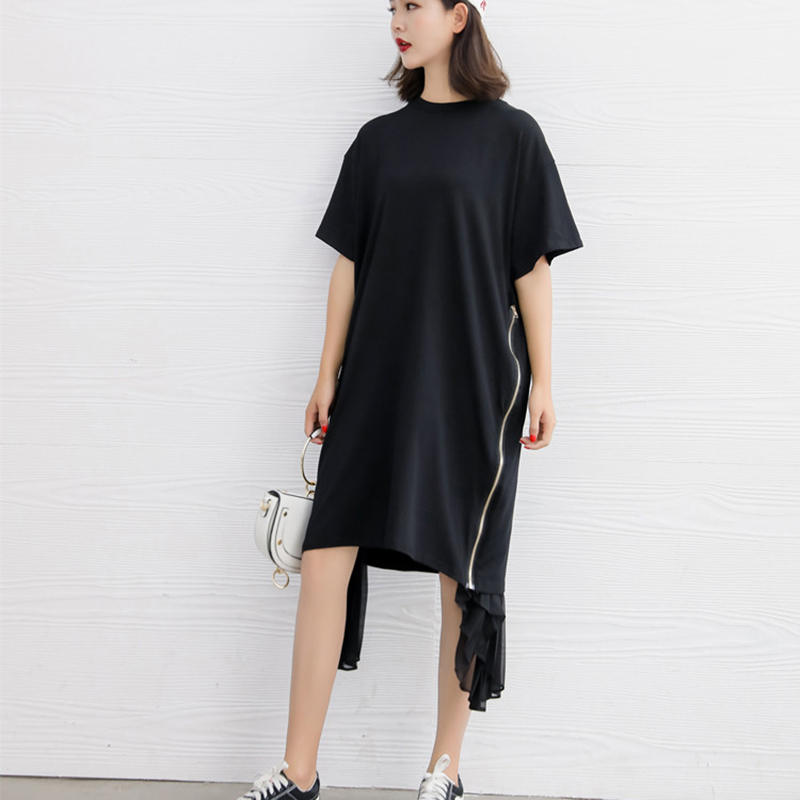 Spring Summer Woman New Black Color Short Sleeve O-neck Long Loose Spliced Pleated Chiffon Irregular Dress LI435 210331
