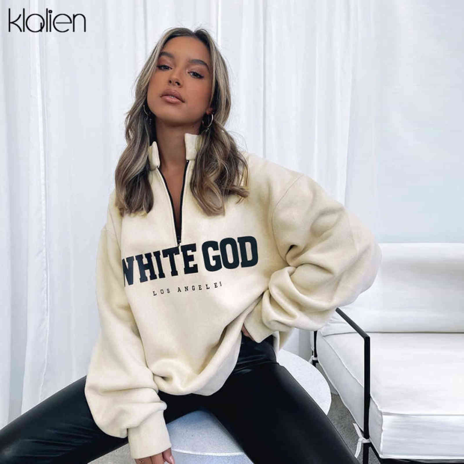 KLALIEN Fashion Casual Street Print Letter Loose Pullover Hoodies For Women Autumn Simple Warm Thicken Sweatshirts Female 211108