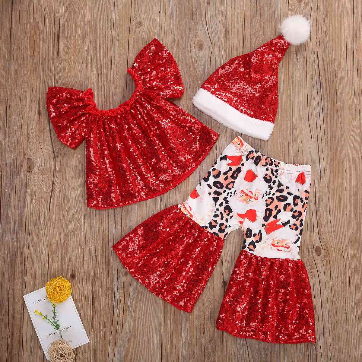 6M-4Y Toddler Infant Baby Kid Girl Christmas Clothes Set Sequins Ruffles T shirt Cartoon Flare Pants Hat Xmas Outfits 210515