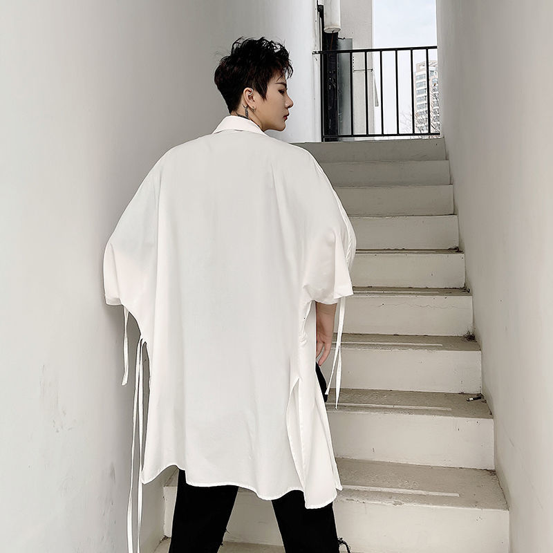 IEFB Summer Trend Three Quarter Sleeve White Shirt Men's Loose Personality Casual Oversized Shirts Streetwear Rope Tops 210524