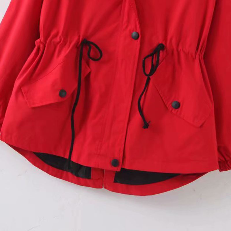 Hooded Lapel Loose Long-sleeved Drawstring Waist Red Chic Women's Jacket Windproof Simple Candy-colored Female Coat Tops 210507