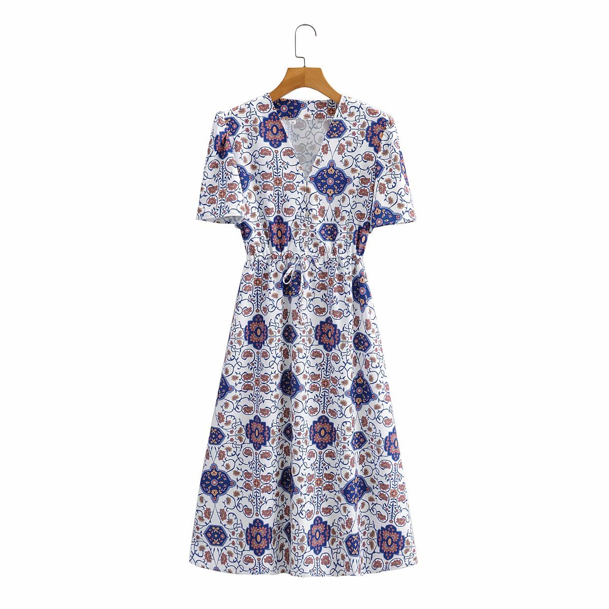 Women Vintage V-neck Short-sleeved Print Dress Fashion Elegant Waist Temperament Chic Female Midi Dress Vestidos 210507