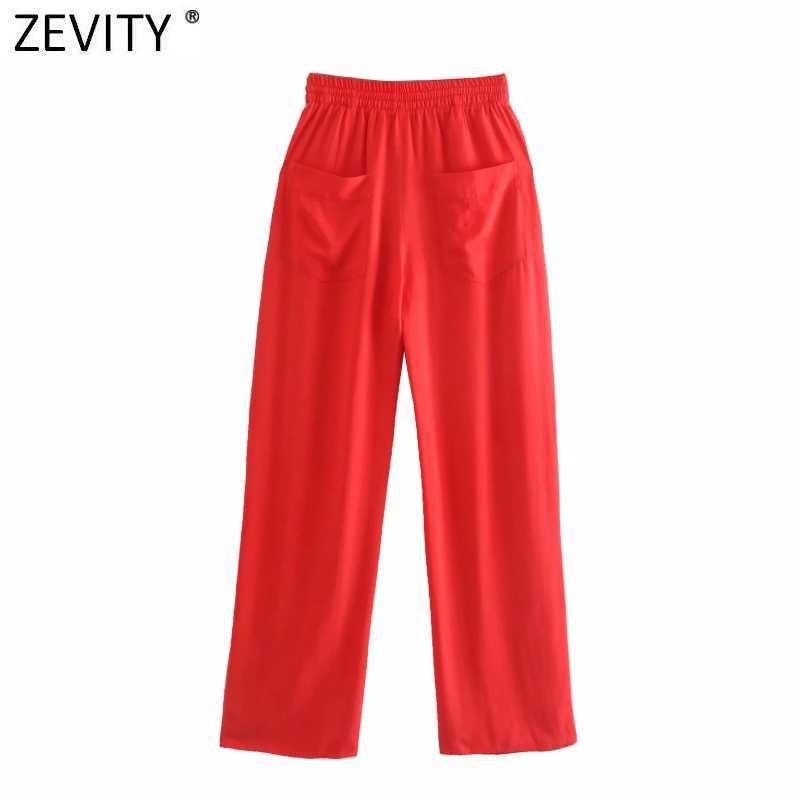 Zevity Women Simply Solid Color Pockets Patch Casual Straight Pants Female Chic Elastic Waist Lace Up Summer Long Trousers P1129 210603