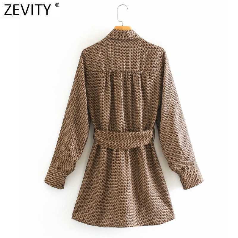 Zevity Women Vintage Turn Down Collar Geometric Print Bow Sashes Shirt Dress Femme Long Sleeve Breasted Vestido Cloth DS4671 210603