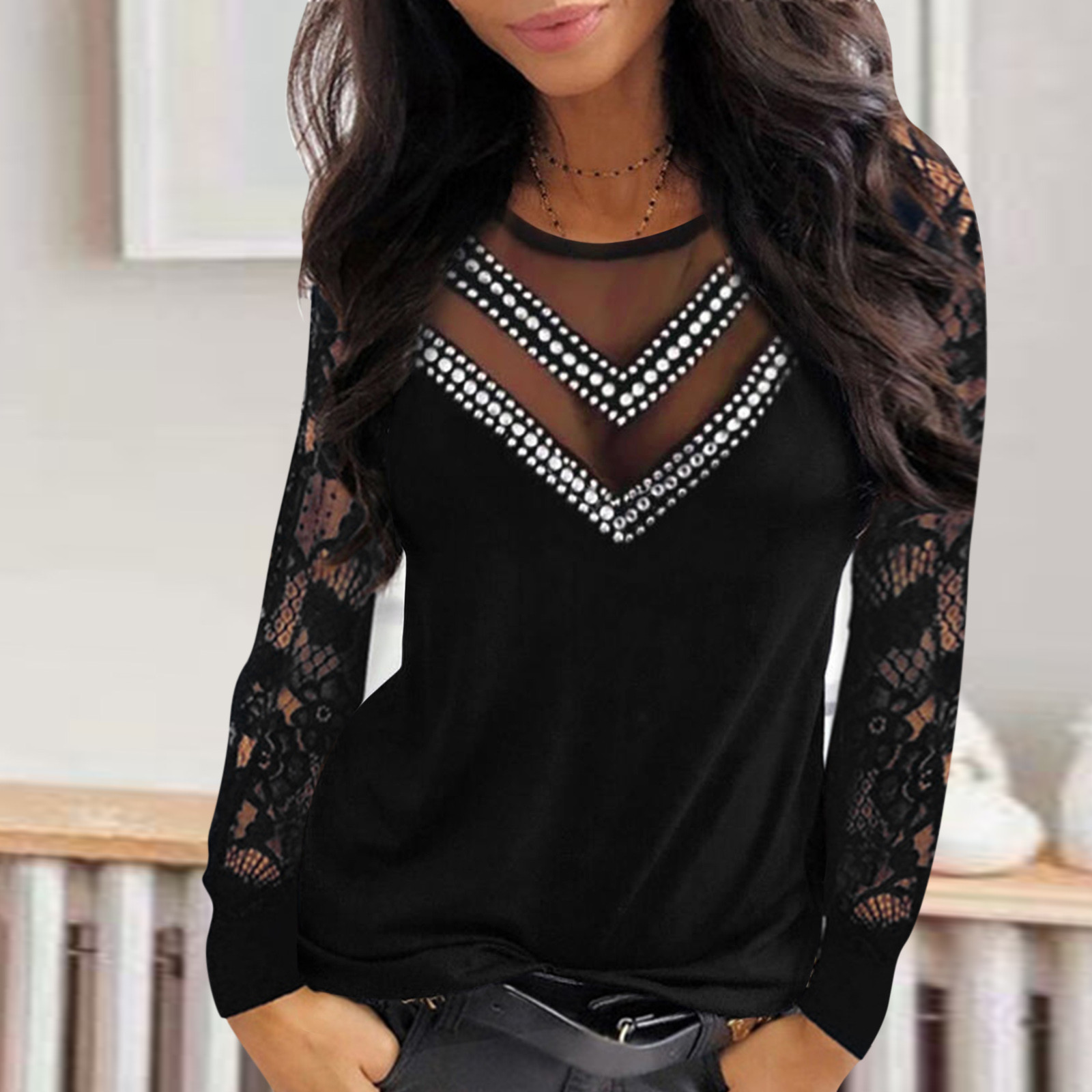 40#Women Sexy Shirts Longe Sleeve Lace Sequins Hallow Out V-Neck Long Sleeves Solid Elegant Blouses Pullover Daily Basic Tops
40#Women Sexy Shirts Longe Sleeve Lace Sequins Hallow Out V-Neck Long Sleeves Solid Elegant Blouses Pullover Daily Basic Tops