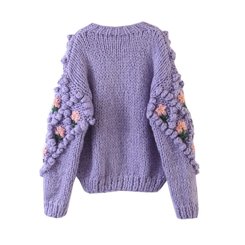 High Quality Heavy Handmade Crochet Knitted Cardigan Purple O Neck Puff Sleeve Sweater Jacket Embroidery Jacquard Jumpers Korea 210429