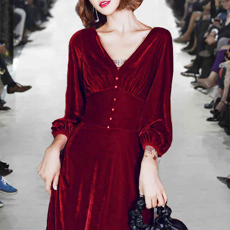 Autumn Winter Velvet Lantern Sleeve Sexy V-Neck Women Dress Elegant High Waist Ladies Formal Slim Big swing Dresses 210519