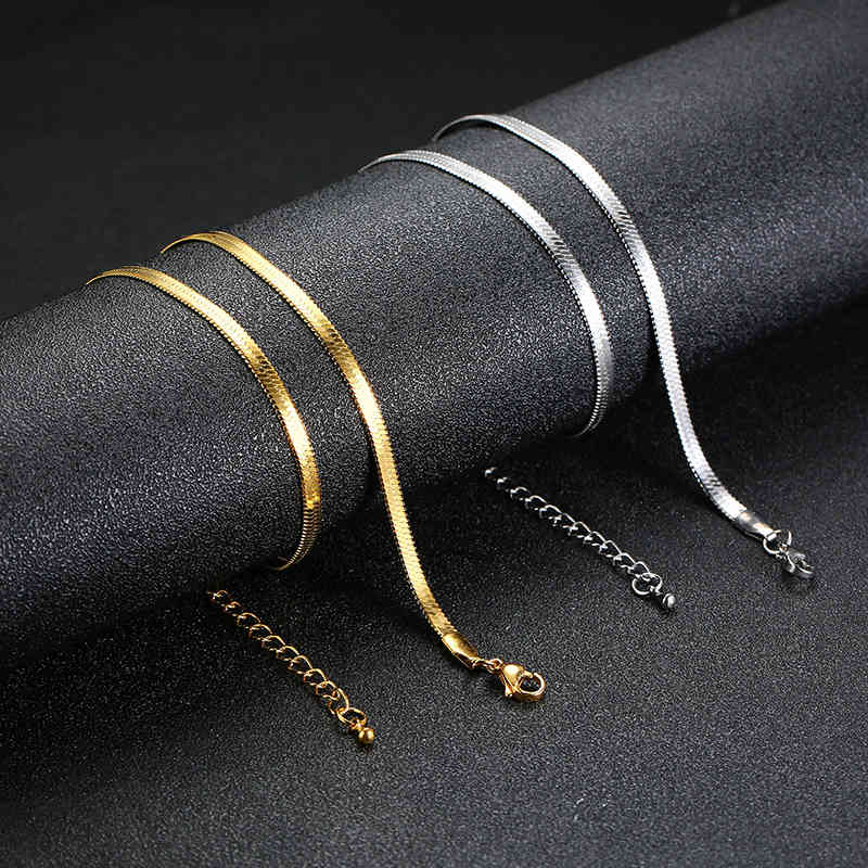 Charm Women Snake Chain Choker Necklace Stainless Steel Gold Silve Color Flat Herringbone Chokers Link for Girls 4mm Y0420