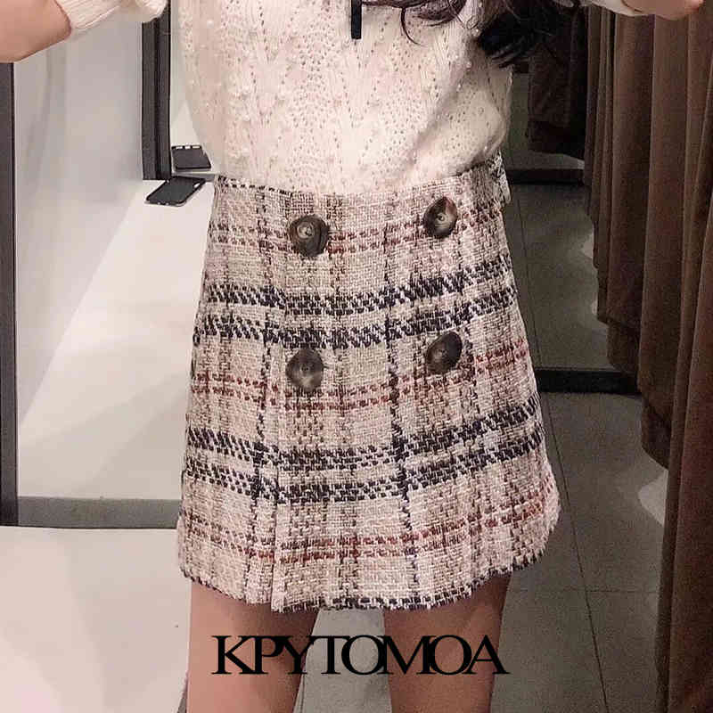 Women Chic Fashion With Buttons Check Tweed Shorts Skirts High Waist Back Zipper Female Skort Mujer 210420