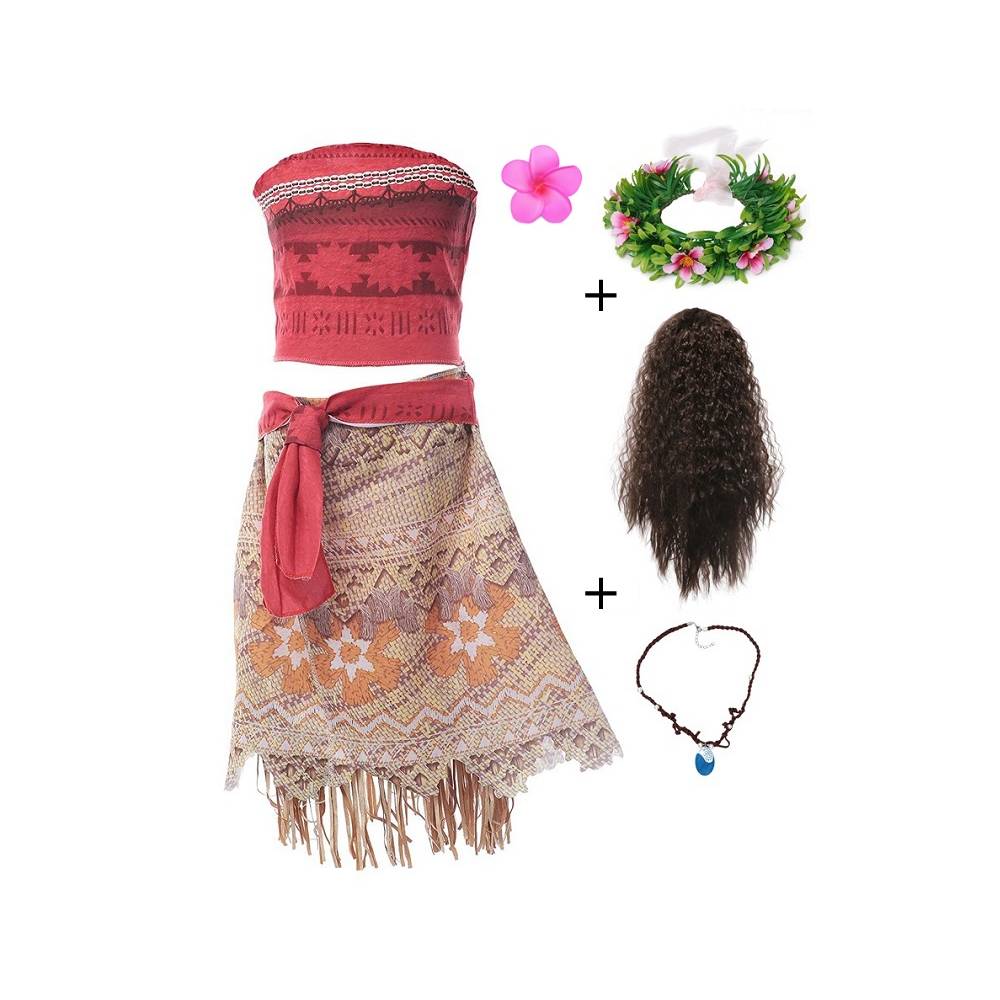 VOGUEON Moana Vaiana Cosplay Adventure Outfit Girls Summer Costume Fancy Dress Up Clothes Children Birthday Party Photography Princess with Necklace headband, Customize