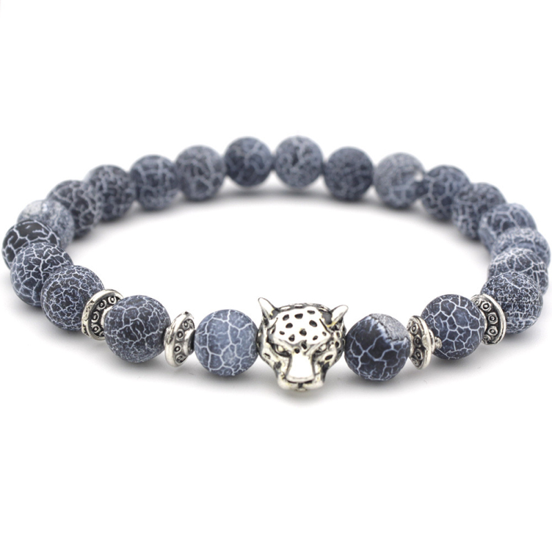 Black Natural Agate Strands Bracelet Antique Gold Silver Leopard Head Charm Bracelets