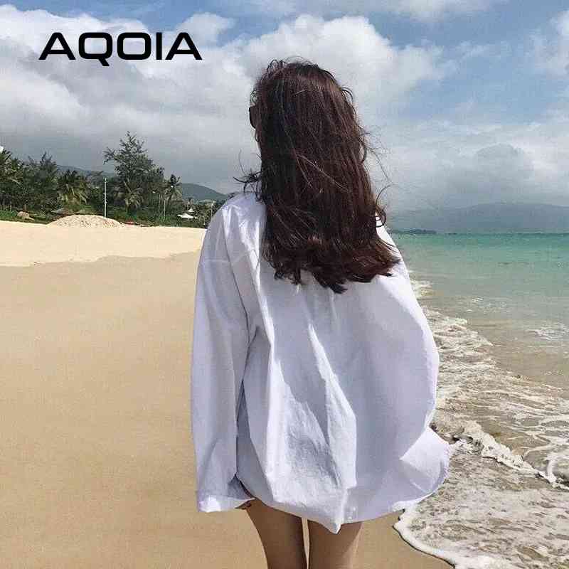 AQOIA Streetwear Long Sleeve Chiffon Plus Size Black White Women Shirt Button Up Loose Ladies Blouses Female Shirts 210521