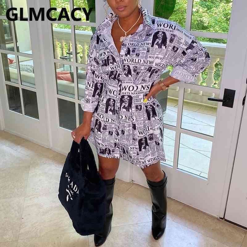 spaper Printed Casual Button Down Shirt Dress Long Sleeve Chic Mini Dress 210702