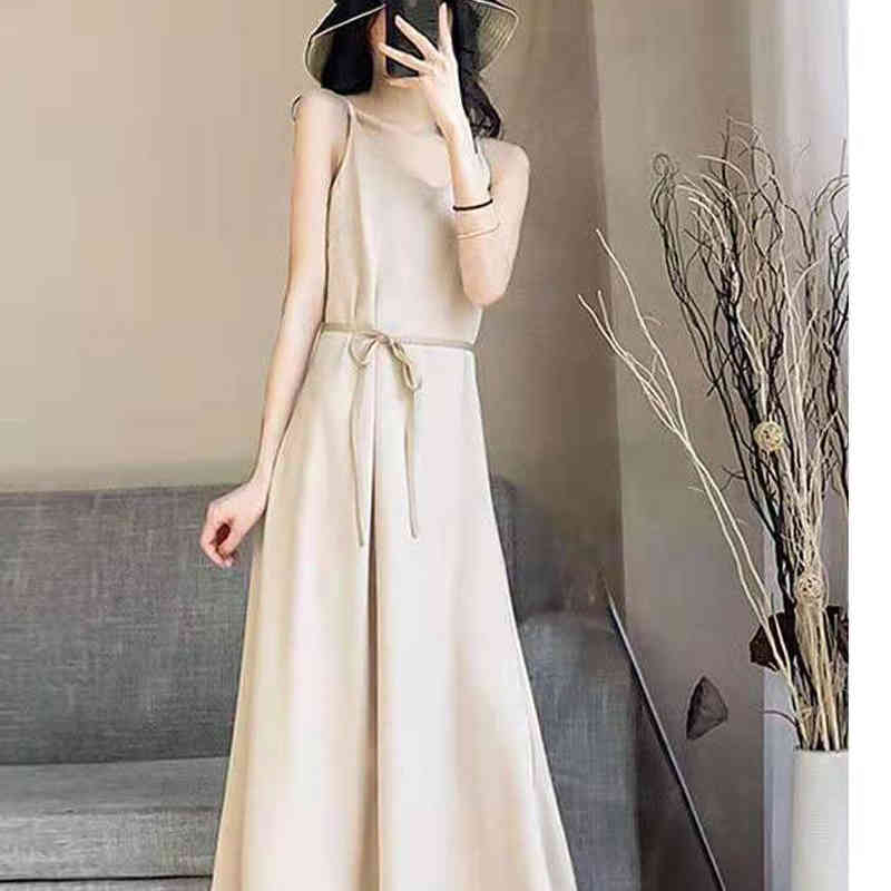 Korean Satin Dress for Women Sleeveless Sexy Party Midi es Plus Size Solid O Neck White Long Sukienki 14496 210508