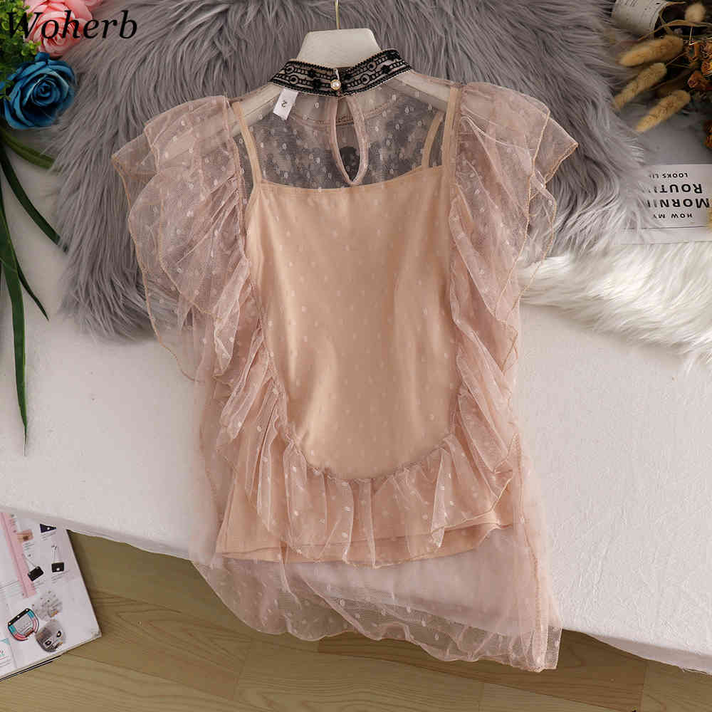 Elegant Floral Lace Shirt Women Sleeveless Mesh Blouses Sexy Korean Stand Collar Ruffle Office Lady Blusas Mujer 210519