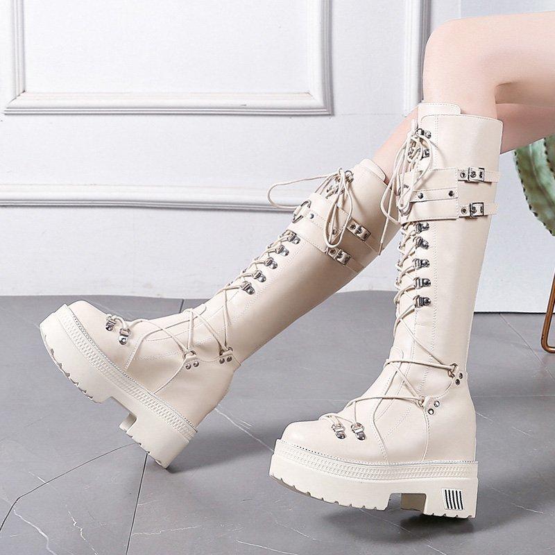 10cm Heel Motorcycle Boots Black Knee High Punk Cosplay Fashion Goth Wedges Platform Heels Women Shoes