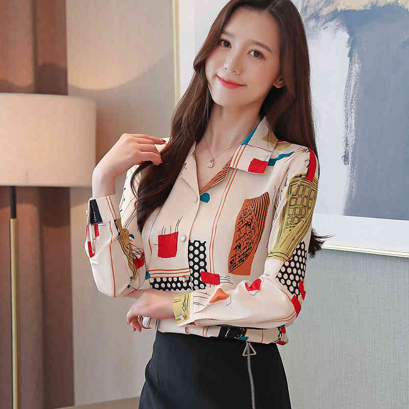 Long Sleeve Printed Blouse Women Shirt Casual Loose Cardigan Vintage Chiffon Tops Chemisier Femme 7106 50 210508