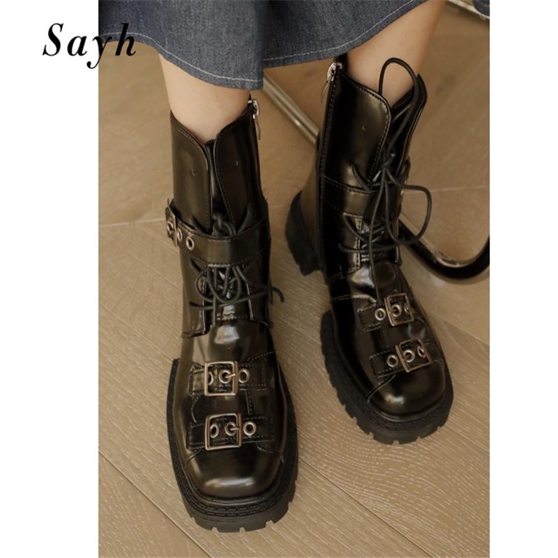 Woman Ankle Boots Round Toe Buckle Riding Chunky Heels Patent Leather Combat Shoes, Black
Woman Ankle Boots Round Toe Buckle Riding Chunky Heels Patent Leather Combat Shoes, Black